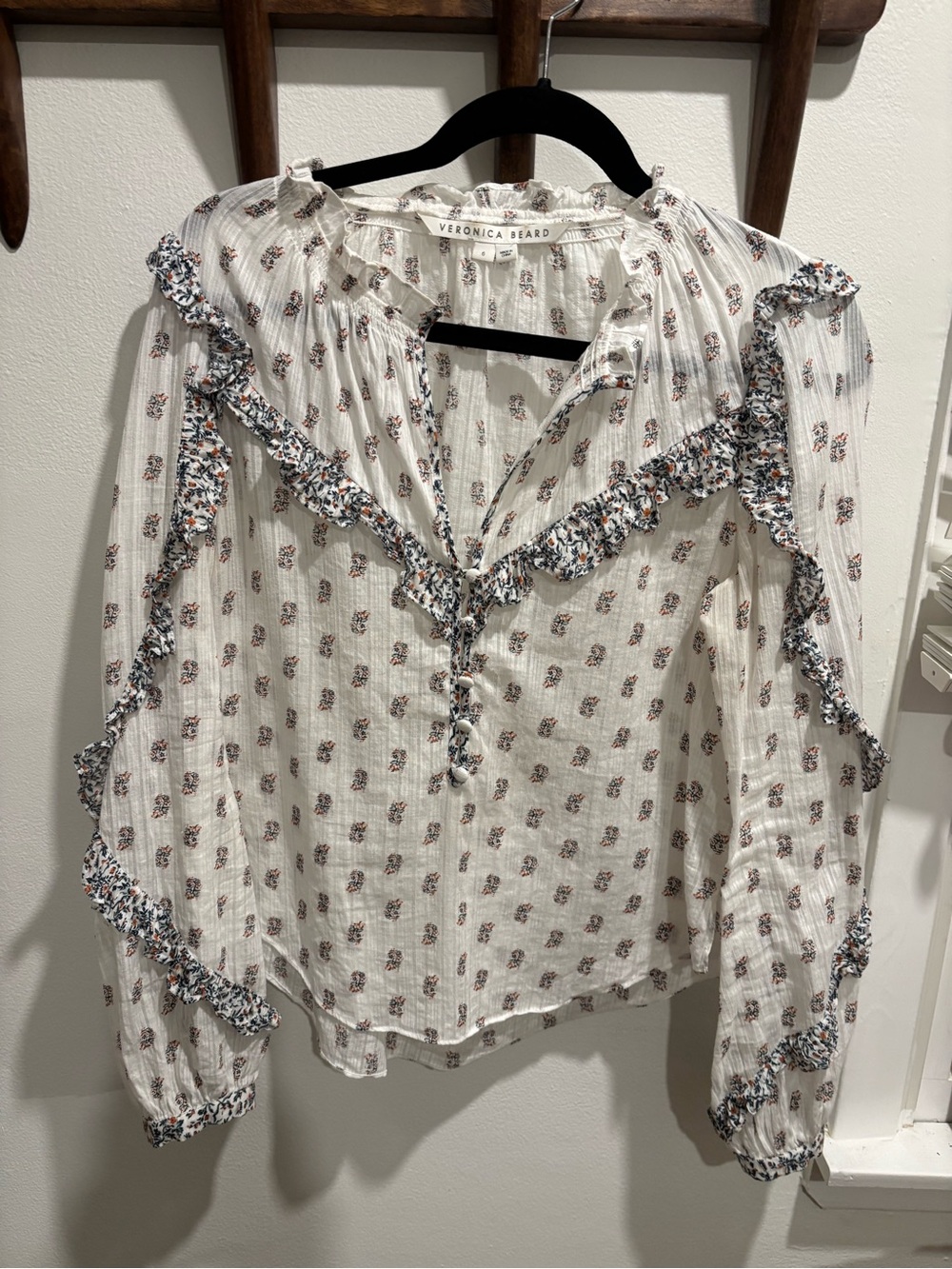 Veronica Beard Cream White Floral Ruffle Peasant Top Size 6